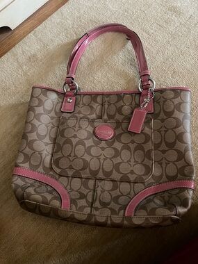 Coach Brown Signature Canvas Tote with Pink Trim